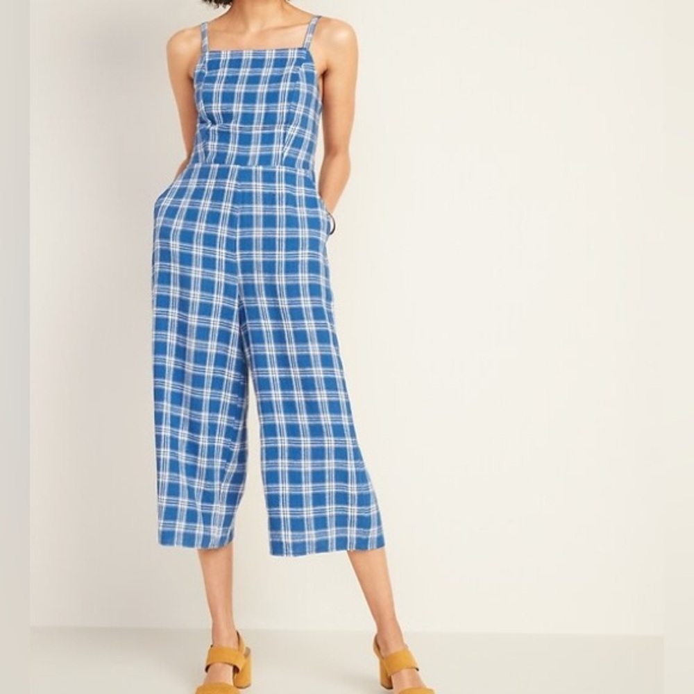 Old Navy Blue Plaid Linen Blend Jumpsuit - Size Small